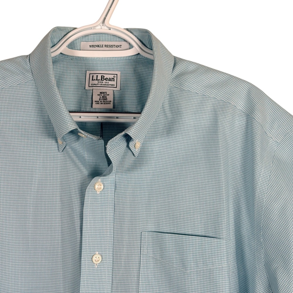 LL‎ Bean Button Down Shirt Mens L Blue Houndstooth Wrinkle Resistant S/S read
